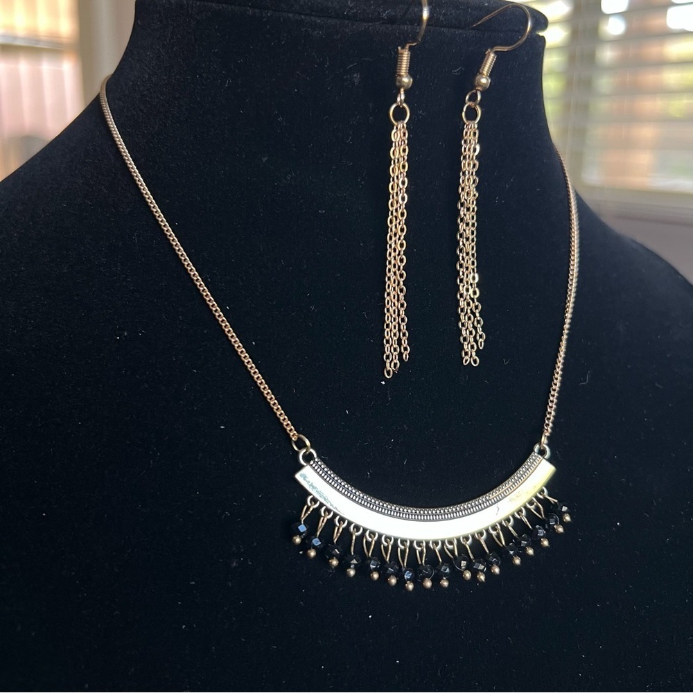 Dainty necklace and earrings Set, gold tone, black beads
